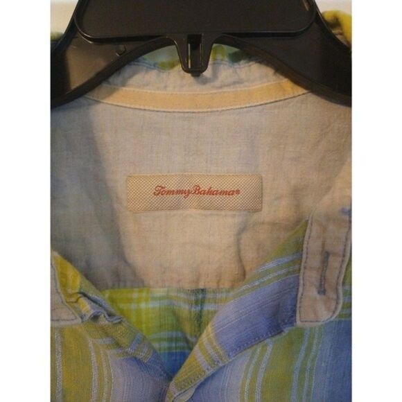 Tommy Bahama plaid 100% linen collared Button Down shirt Large blue & Yellow - Picture 4 of 9